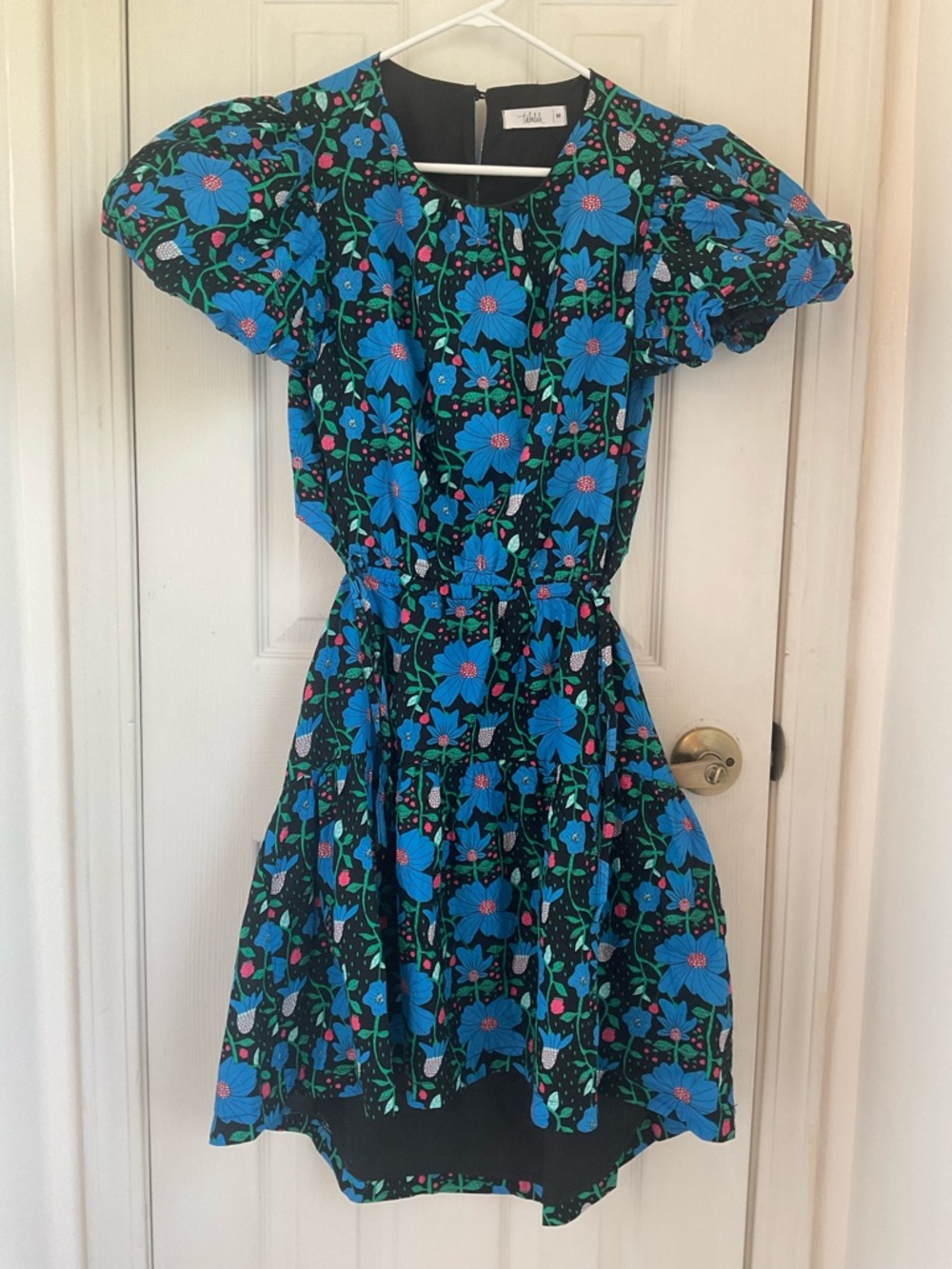 TALULAH Black Dress Bright Blue Floral Print 18.5” by 34” colorful open back cut